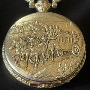 AZUR GOLD-TONED MEN'S POCKET WATCH ON CHAIN COUNTRY WESTERN CARRIAGES THEME